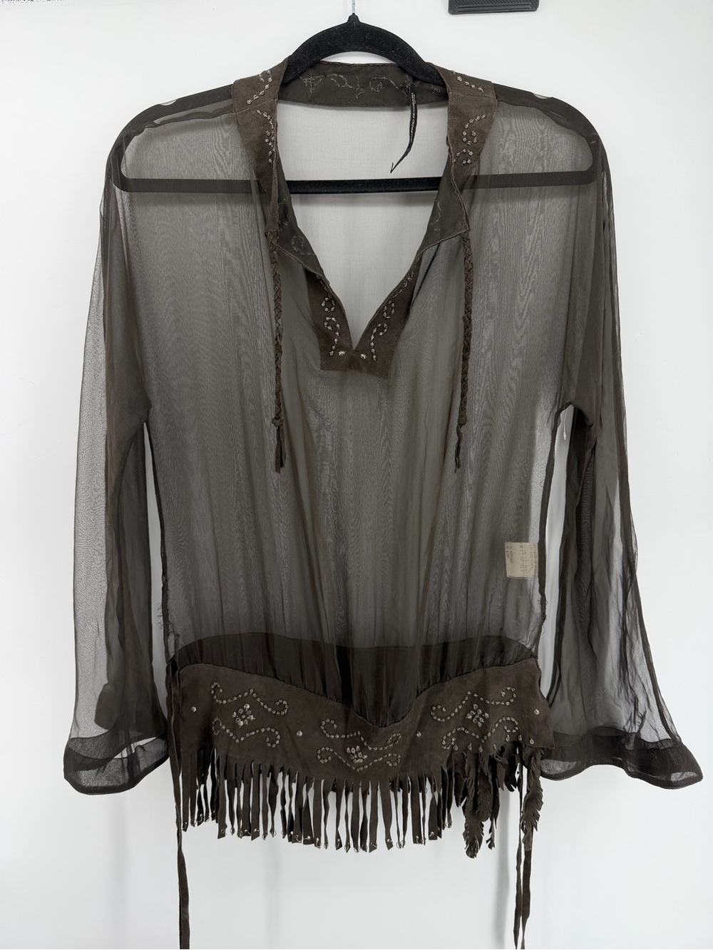 Maurizio Pecoraro Milano 100% Silk Sheer Beaded Fringe Blouse Boho Y2K US 4